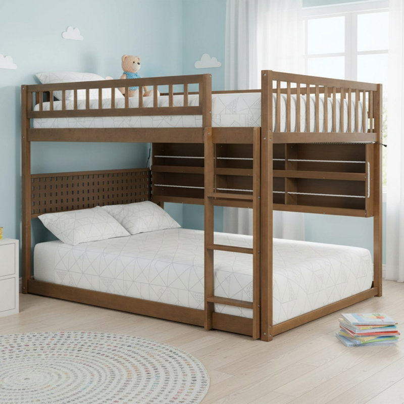 Solid Wood Full Over Full Bunk Bed with Integrated Shelving, Color-Changing Lights and Pegboard for Bedroom, Brown