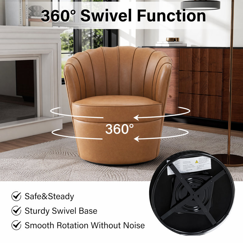 Genuine Leather Accent Swivel Barrel Chair – 360° Spin Metal Base, Light Brown