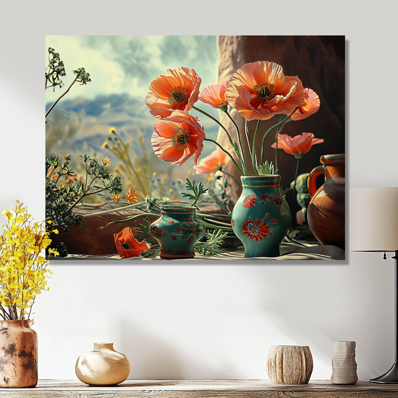Coquelicots rouges dans un vase turquoise mexicain - Bouquets assortis, Métal métal, H 16 po x l 32 po x P 1 po