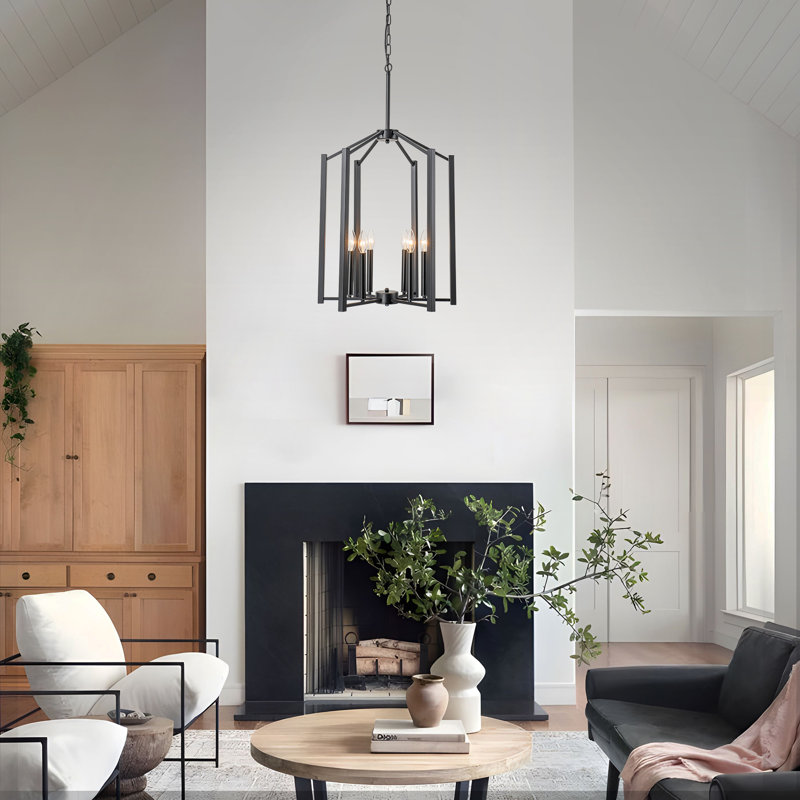 6-Light Dimmable Black Geometric Cage Lantern Pendant Chandelier, Matte Black