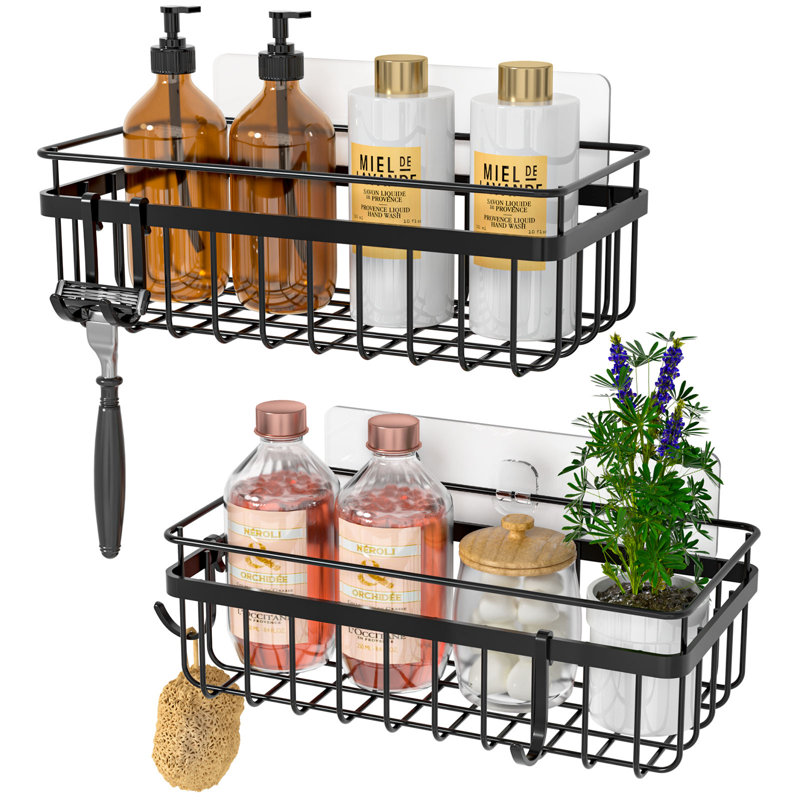 Serviteur de douche adhésif en acier inoxydable avec crochets, Noir