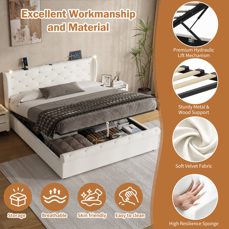 Upholstered Ottoman Storage Bed, Beige, Kingsize (5')