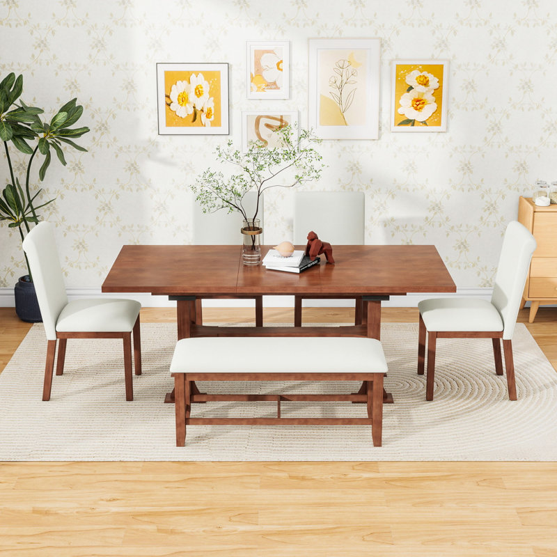 Charmant 6-Piece Extendable Dining Table Set with Removable Leaf, Dining Chair and Bench, Dark Brown, Beige, Beige