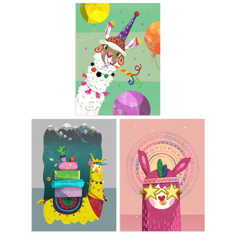 Kids Bedroom Llama Cool White Yellow Pink Camping Party Colourful 3 Piece Wall Art, 29.7cm H x 21cm W x 0.4cm D
