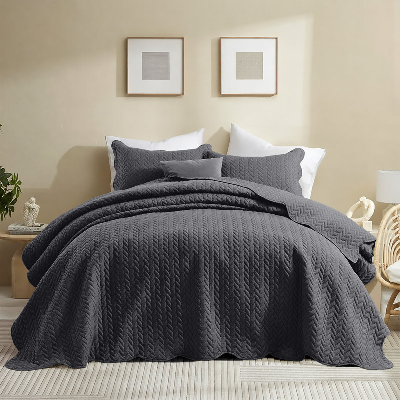 Microfiber Embossed Oversized Modern & Contemporary Bedspread Set With Shams, Gray, Twin Bedspread + 1 Pillowcase