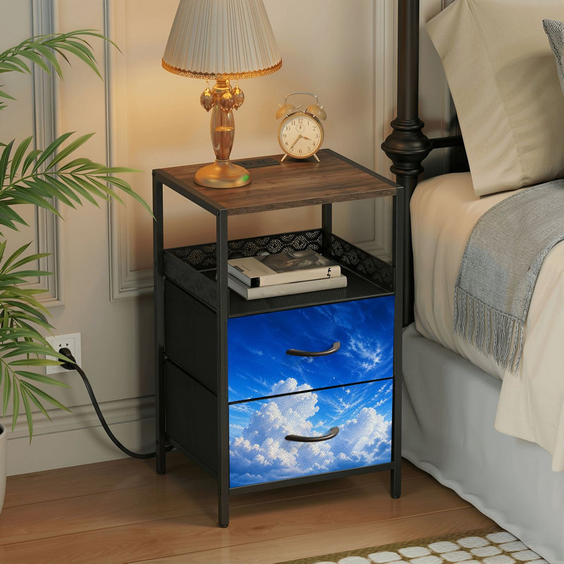 Table de chevet 2 tiroirs avec station de charge, table de chevet avec ports USB et amp; Table de chevet noire Outlets avec tablette Fluffy Against Blue Sky