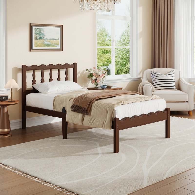 14'' Walnut Bamboo Platform Bed Frame with Wavy Headboard, Solid Wood & Metal Slats, Noise Free, No Box Spring Needed, Twin