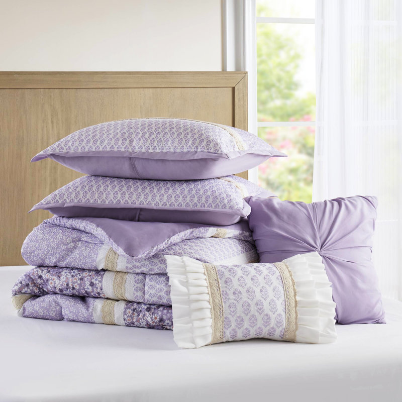 5 pièces d'édredon en tissu gaufré très grand / très grand avec coussins décoratifs - microfibre imprimée, motifs floraux / botaniques et embellissement de dentelle