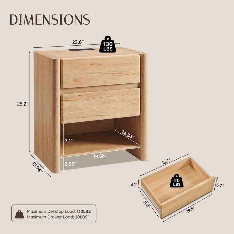 Bolanos 25" Tall Modern Nightstand with Charging Station, Wood Bedside Table w/2 Storage Drawers & Open Shelf, Rounded Corner Design for Bedroom
