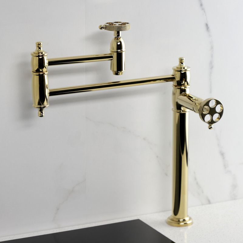 Kingston Brass Webb Two-Handle 1-Hole Deck Mount Pot Filler Faucet with Knurled Handle, Polished Brass