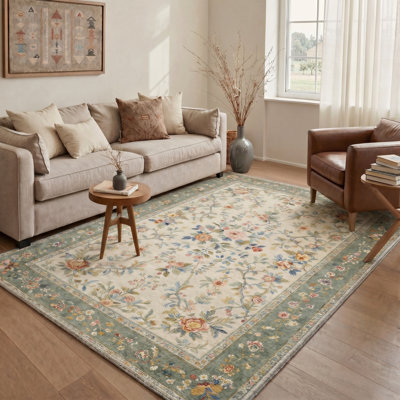 Verdante Vintage Machine Washable Green / Beige Indoor Area Rug with Non-Slip Backing