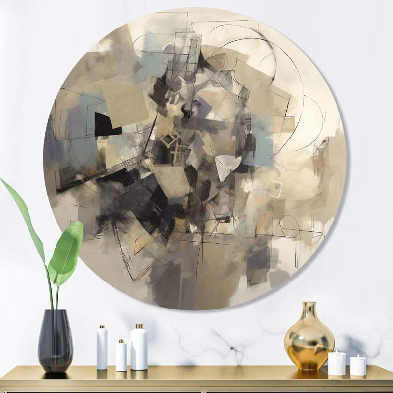 «Grey Beige Geometric Blend II», art mural rond abstrait en minimalisme, H 16 po x l 16 po x P 1 po