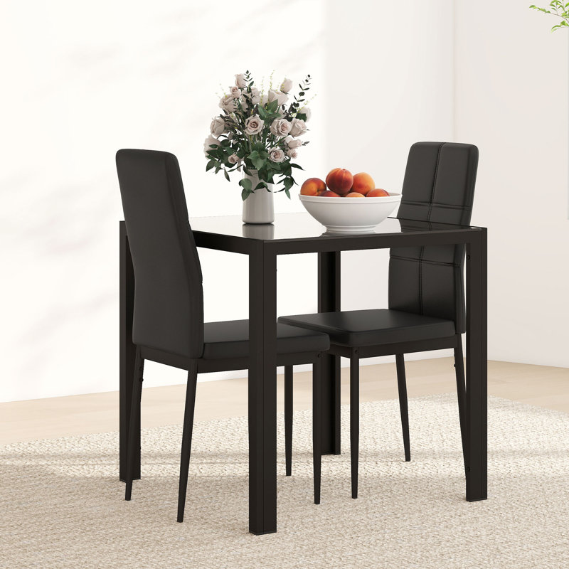 Table de cuisine rectangulaire en verre avec chaises, ensemble pour 2, Noir, noir, noir, noir