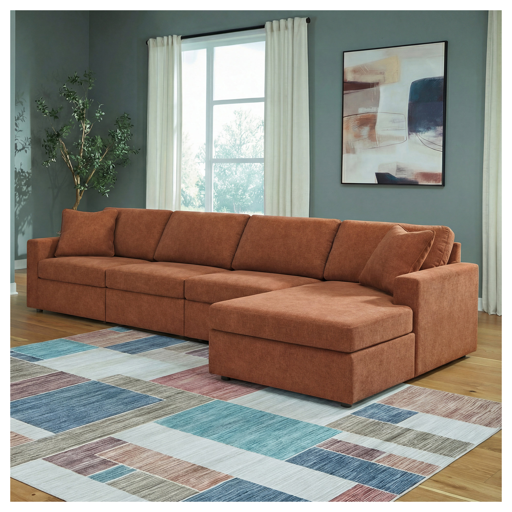 Bulwell Sectional With Chaise, 36" H x 140" W x 68"D, Brown Polyester, Right Hand Facing