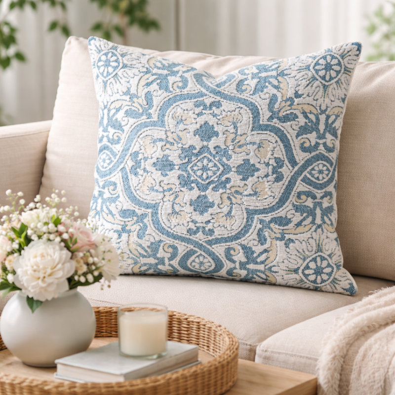 Coussin décoratif en jacquard orné de médaillons bleus 18 po x 18 po, Bleu