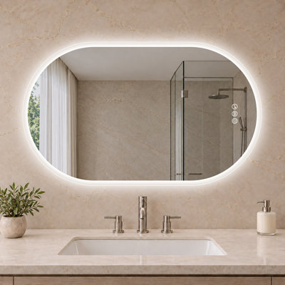 Ahmiyah ovale à DEL-miroir de salle de bain / anti-buée / à intensité variable / Bluetooth / verre trempé
