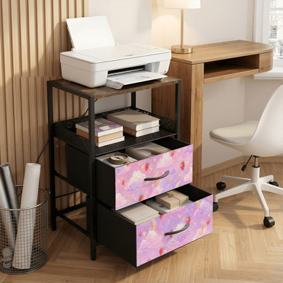 2 Drawers Nightstand with Charging Station, Bedroom Nightstand with USB Ports, Outlets Open Shelf Black, night stand with Cute Strawberry Cloud Pastel Crescent Moons Sparkles Print