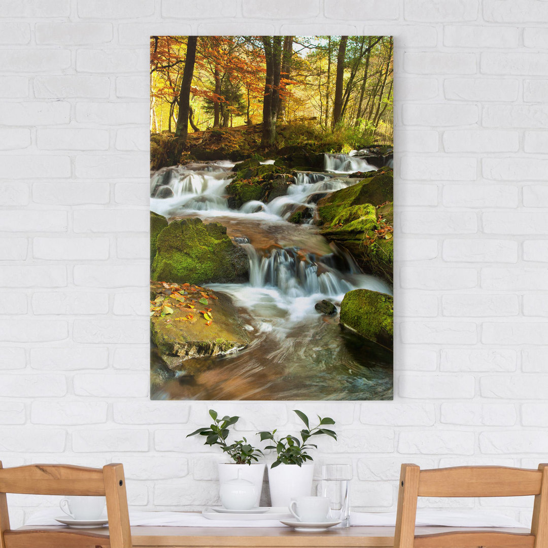 Leinwandbild Wasserfall Herbstlicher Wald