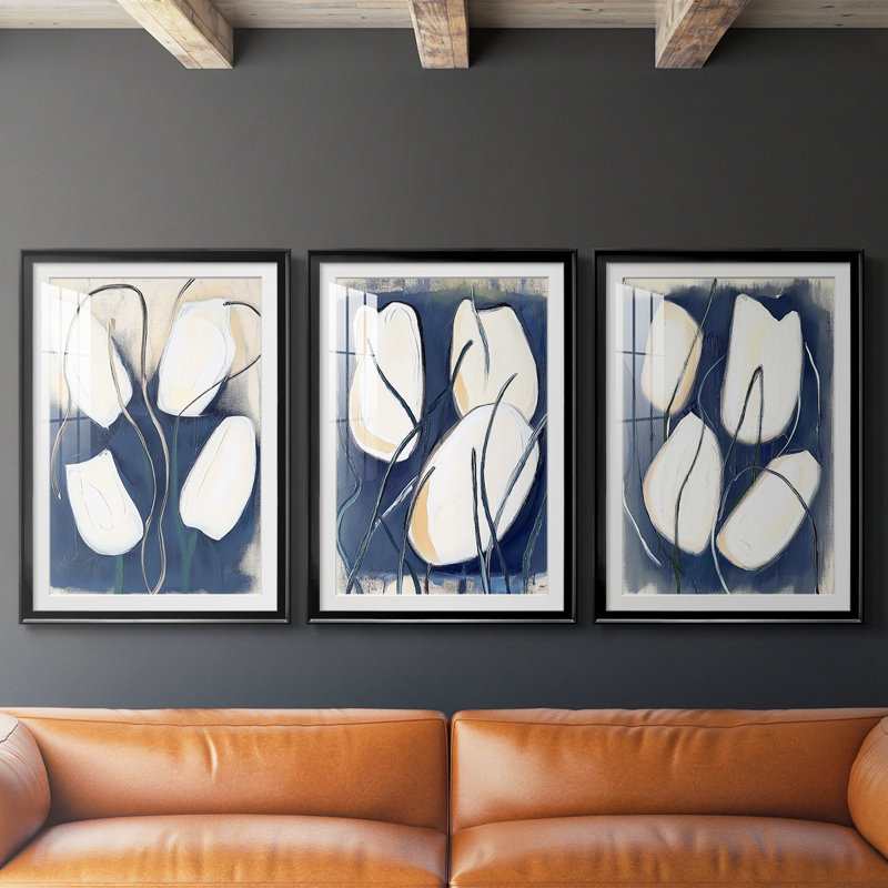 FLORAL Series DCCVIII  -Custom Framed  Premium Print W Matt - 3 Pieces, Black, 21" H x 30" W