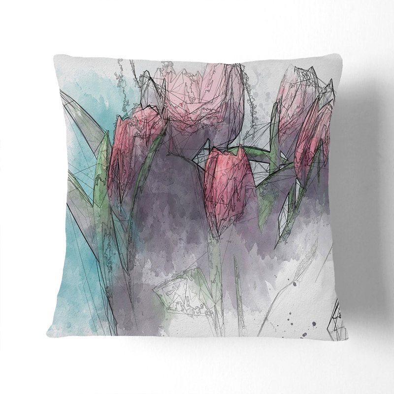 Bouquet Of Red Tulips In Abstract Floral Square Throw Cushion, Black, 55cm H x 55cm W x 20cm D