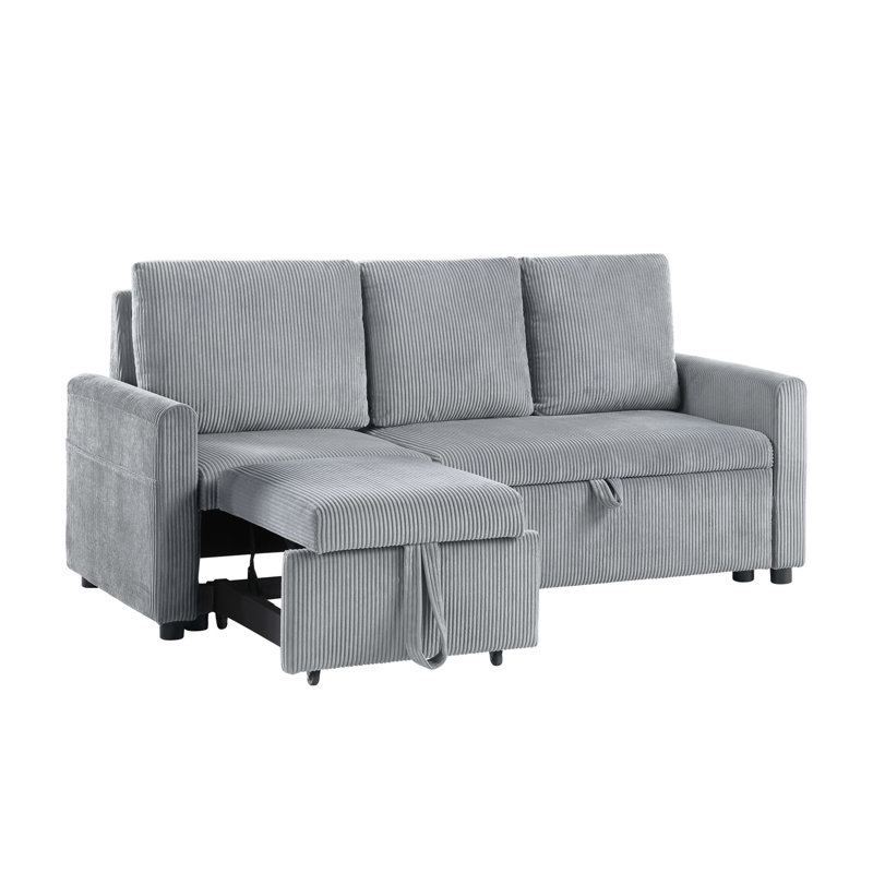 Méridienne coulissante en velours côtelé gris, rangement sous le siège, poche latérale, rangement pour 3 plus