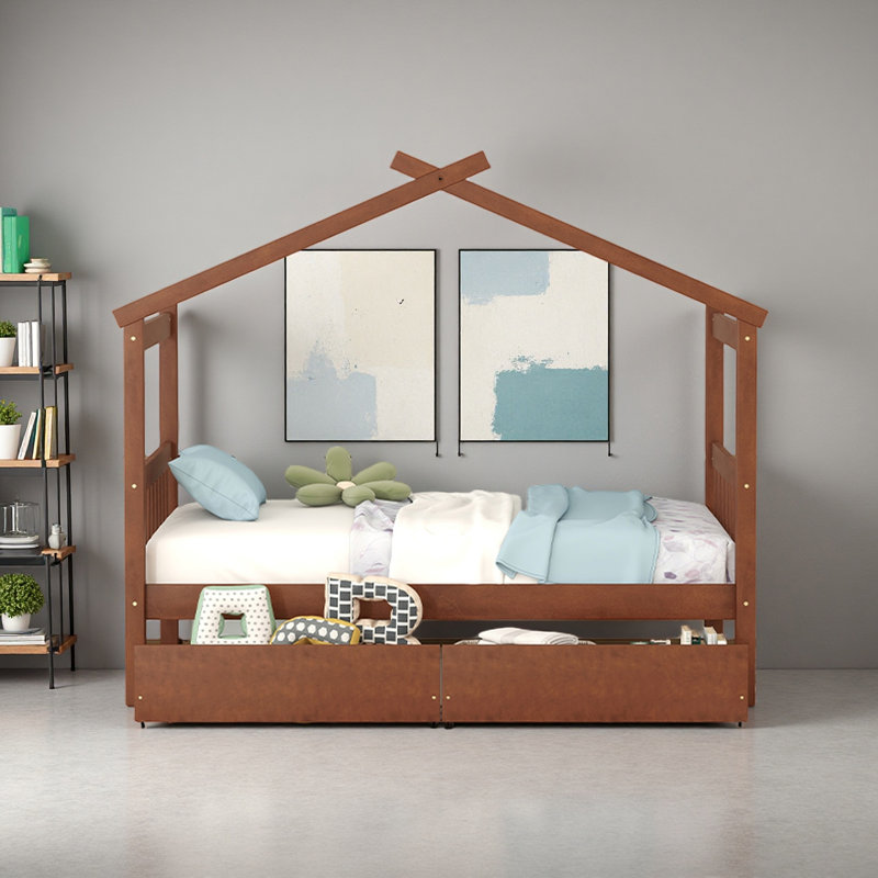 Lit en bois avec tiroirs, Noyer, Lit simple