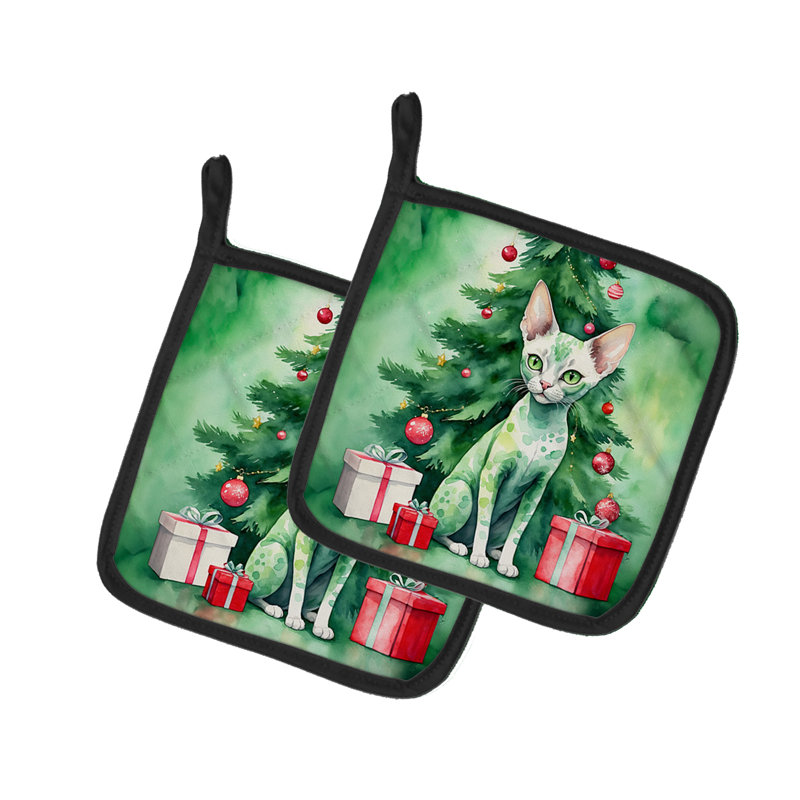 Devon Rex Cat By the Christmas Tree Pair of Pot Holders