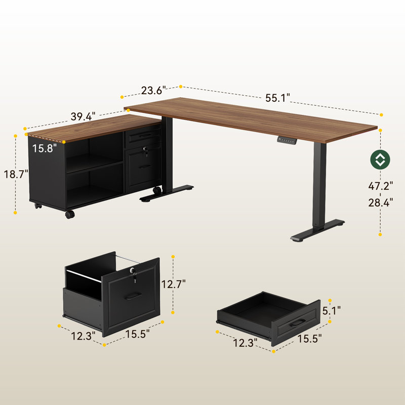 Standing Desk With Spacious File Cabinet, L-Shaped Height Adjustable Desk With Sturdy Structure for Home Office, Brown/Black