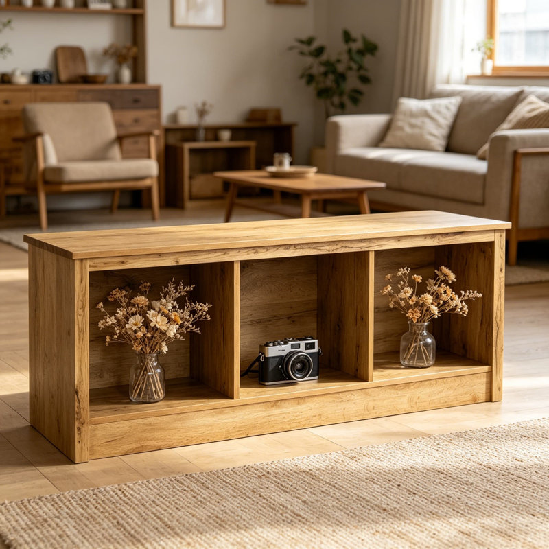 Contemporary Mudroom Bench With Storage, Nordik Oak Finish, Entryway Storage Bench With Three Compartments, Sturdy Wood Construction