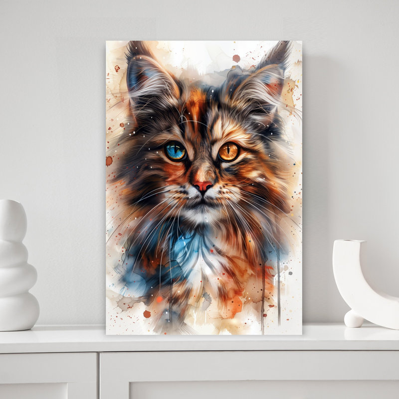 Art mural contemporain coloré avec chat hétérochromie, H 18 po x l 12 po