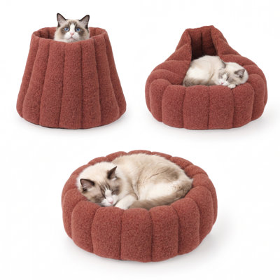 3-in-1 Convertible Plush Cave & Donut Bolster Dog & Cat Bed, Medium, Orange