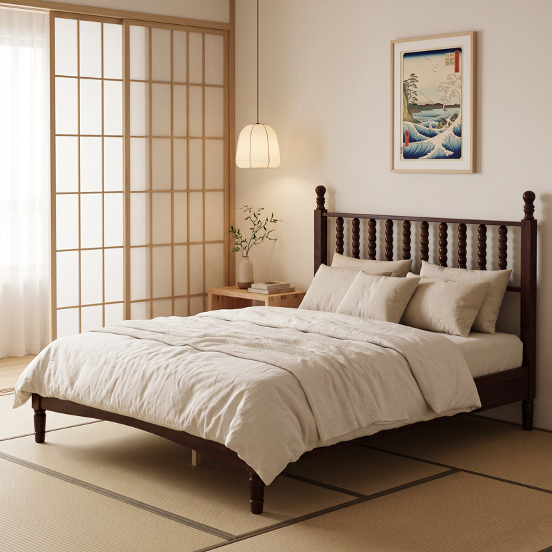 Lit plateforme en bois Queen Size avec tête de lit en forme de garde, sommier à lattes de style rétro, noyer, Grand lit