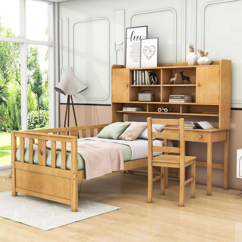 Twin Wood Platform Bed with Bookshelf, Chair, Desk and Drawer, Natural