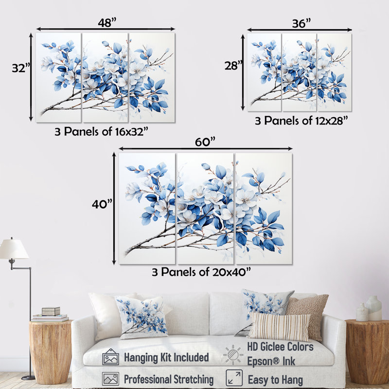 «Blue and Gray Leaves II», ensemble de reproductions d'art mural, Toile tendue, H 40 po x l 60 po x P 1 po