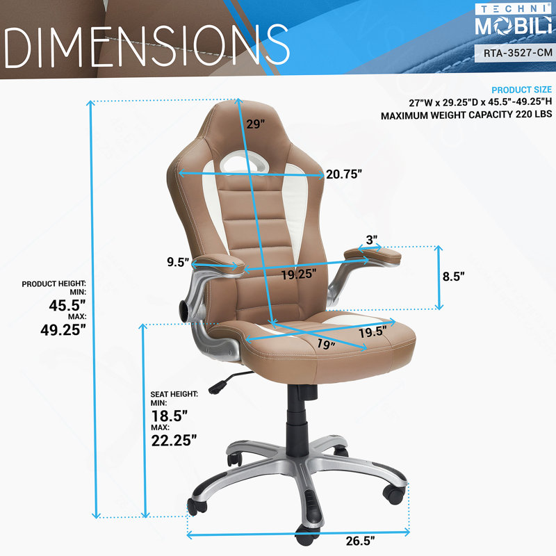 Fauteuil de jeu avec polyuréthane, pivotant, support lombaire, hauteur réglable, appui-tête inclus, roues, Chameau