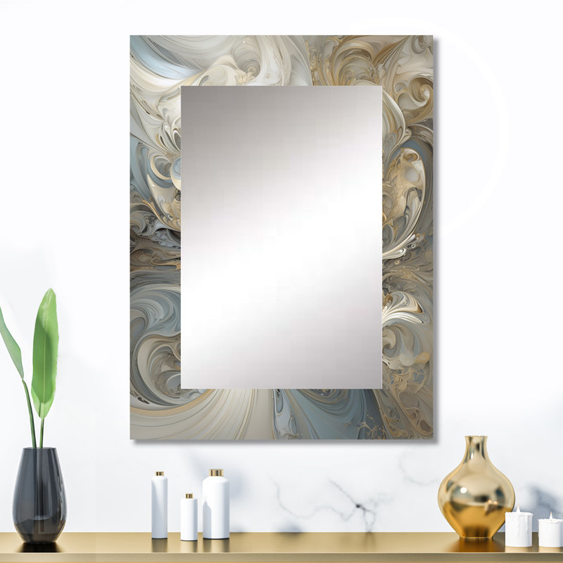 Fractal Whirl en rétro or et blanc - grand miroir de fractales, miroir mural décoratif doré, impression d'art en métal