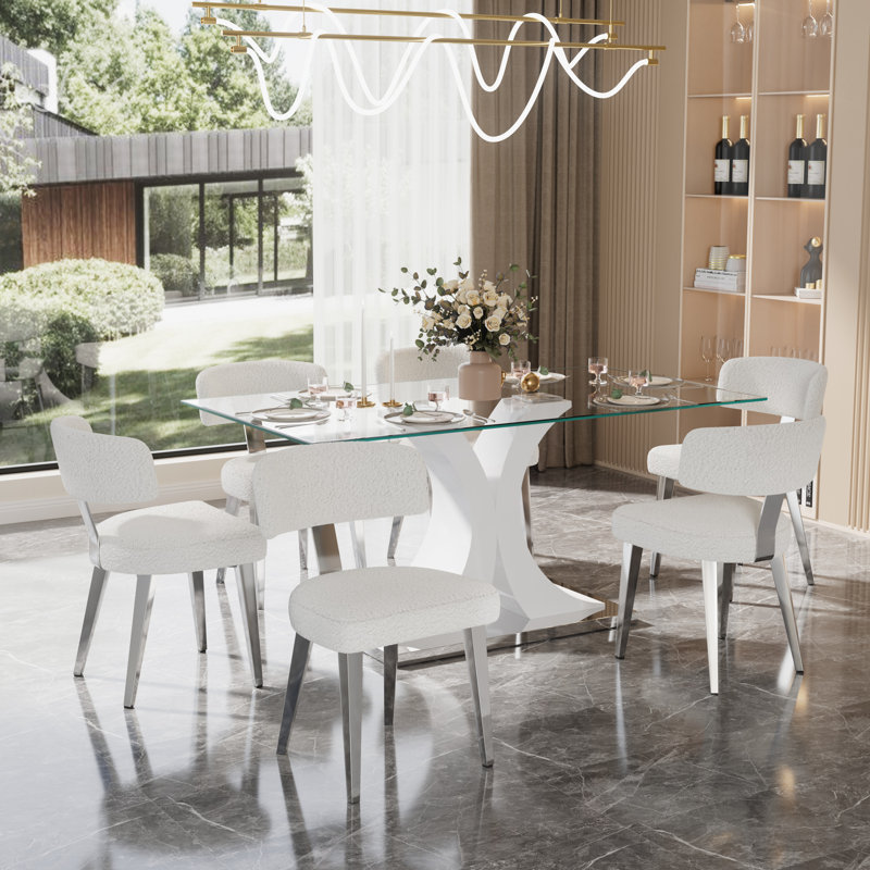 Ensemble de salle à manger en verre, 7, Blanc / argenté