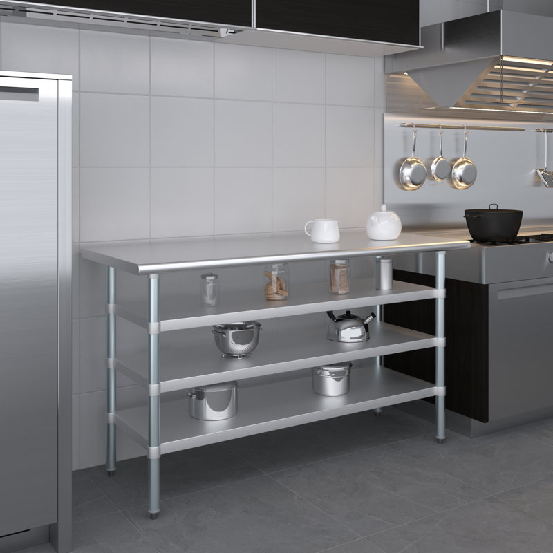 Stainless Steel Table With Three Undershelves, 35" H x 60" W x 24" D
