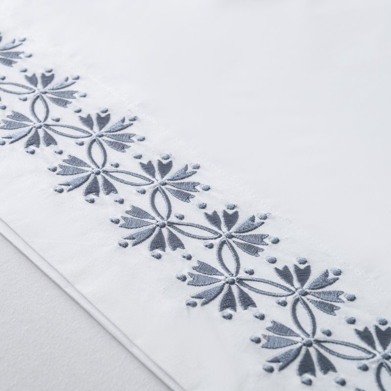 Resort Collection Embroidered Cotton Pillowcases, Floral Ethnic Design, Set of 2, 20"x30", Blue