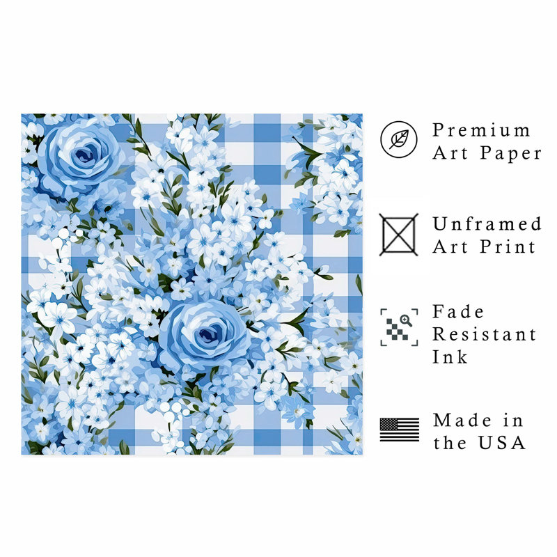 Floral Vichy bleu, fleurs I, reproduction d'art non encadrée, H 18 po x l 18 po