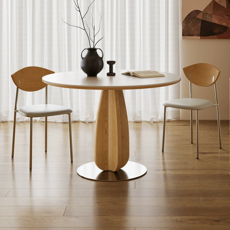 Table de salle à manger ronde moderne de 119 cm (47 po) en pierre frittée avec pied central en frêne massif