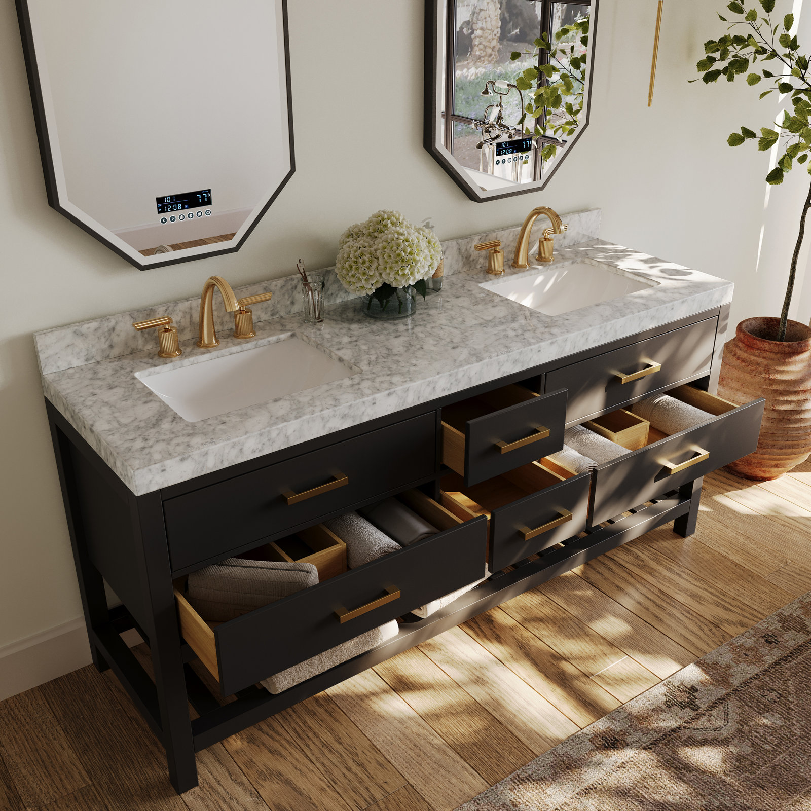Carrie 72" Carrara Marble Double Bathroom Vanity, Black Onyx | Brushed Gold