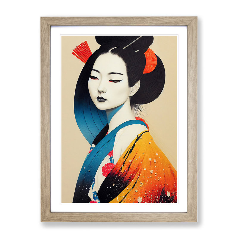 Colourful Geisha No.2 - Single Picture Frame Painting, 46cm H x 34cm W x 2cm D, Oak