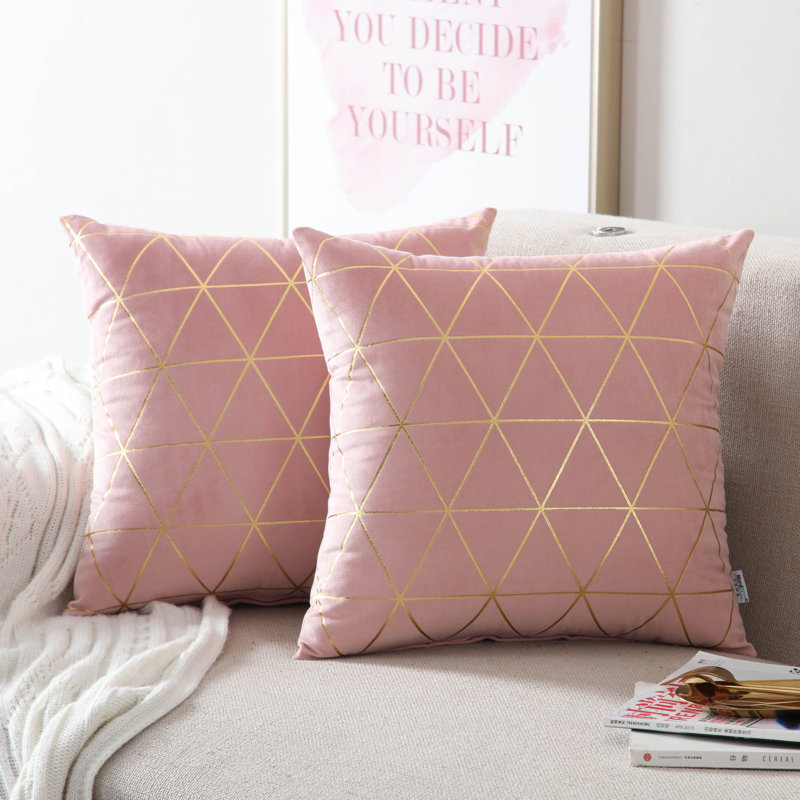 Soft Geometric Gold Printed Square Throw Pillow Cover, Pink Geometric, 24"H x 24"W