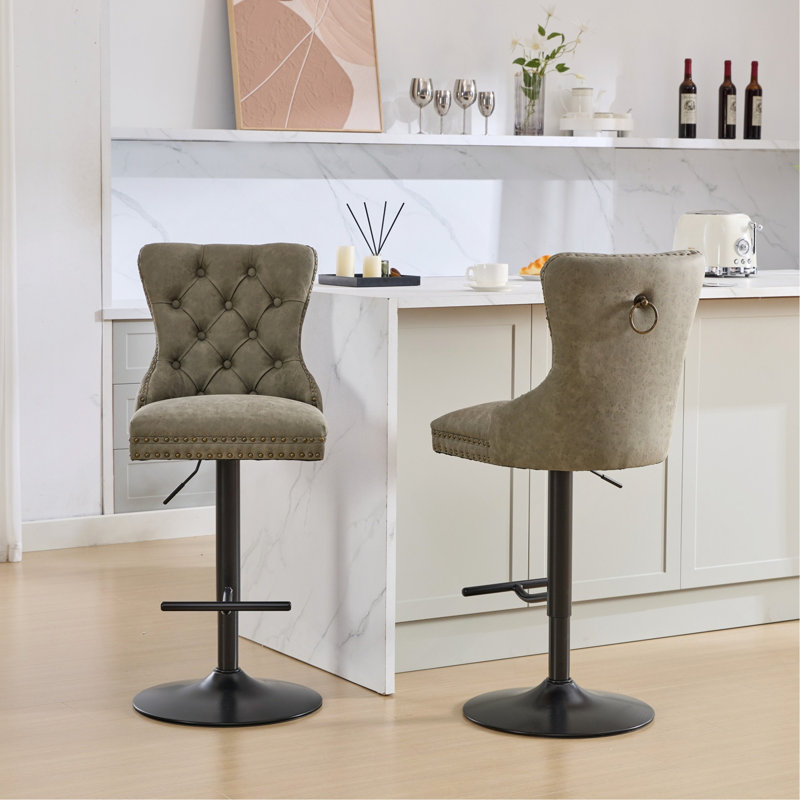 Aged And Retro PU Swivel Barstools Adjusatble Seat Height From 26-33 Inch, Modern Bar Stools With Backs Comfortable Tufted For Home Pub And Kitchen Island (Olive Green,Set Of 2)