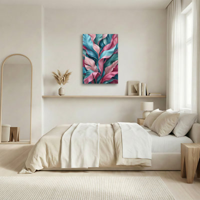 «Pink and Teal Wavy Leaves», art abstrait sur toile