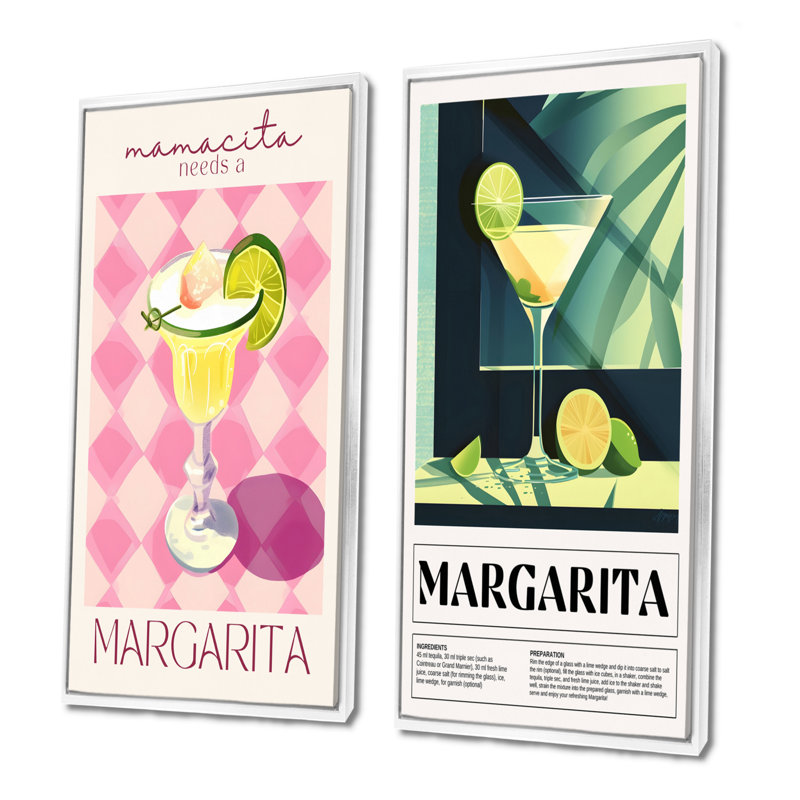 Margarita, ensemble de 2 pièces d'art mural cocktail avec tranche de lime, H 32 po x l 32 po, Impression encadrée, Blanc