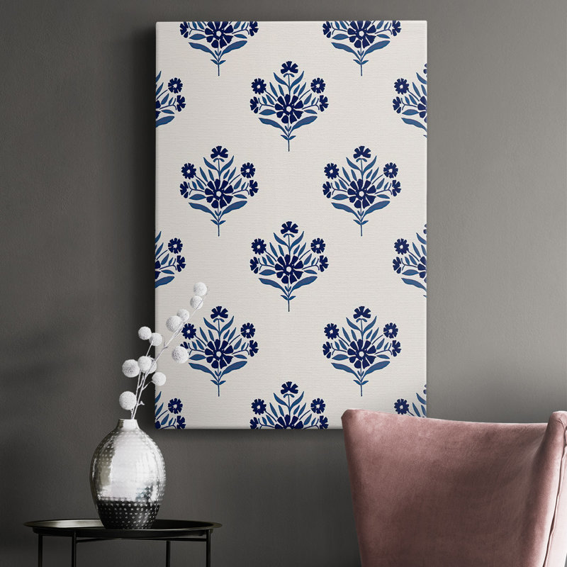 Motif de fleurs indigo I, toile tendue avec châssis de qualité supérieure - prête à être accrochée