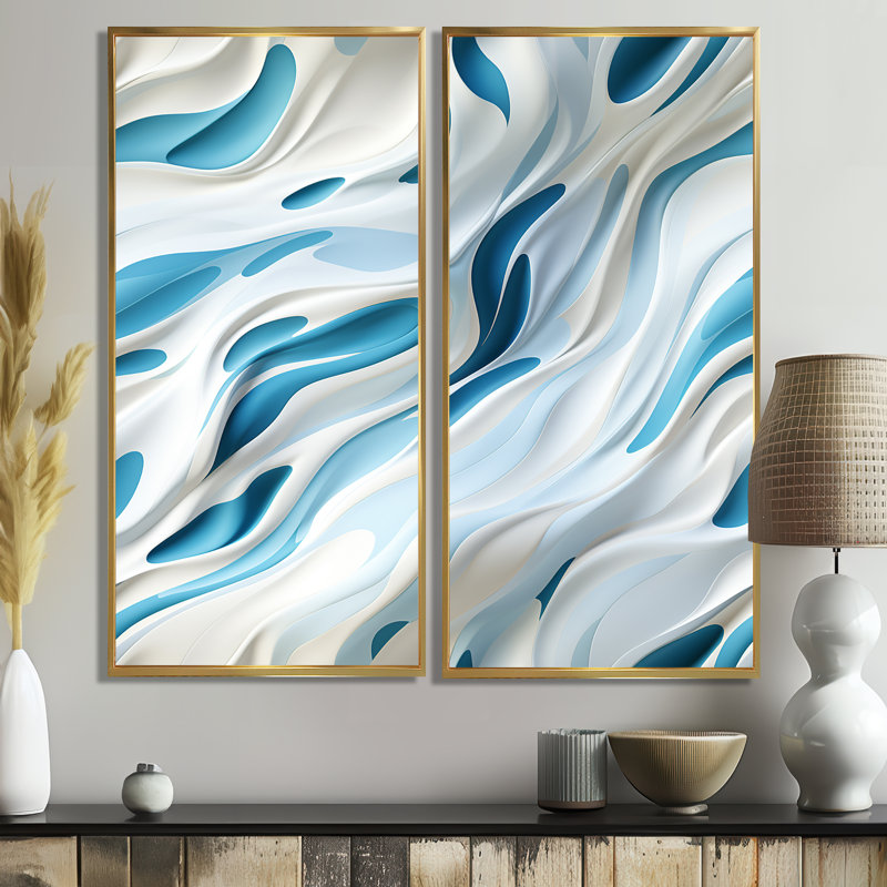 «Blue and White Snowy Serenity - Crème», reproduction d'art moderne sur toile, 32" H x 32" W, Impression encadrée flottante