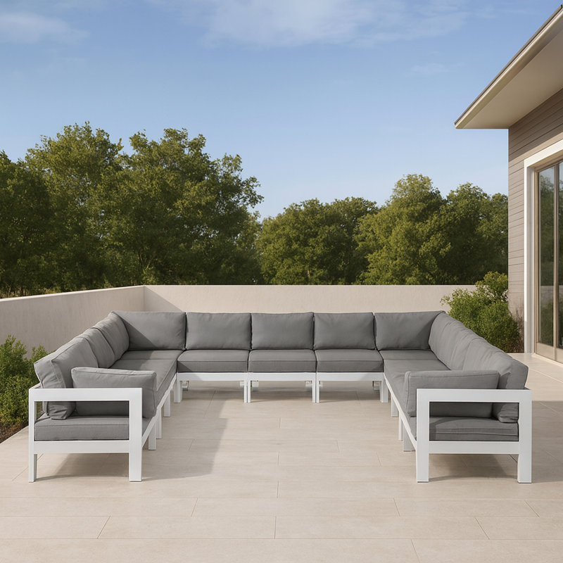 Layelle 150'' Wide Aluminum Patio Sectional with Cushions, White, Gray